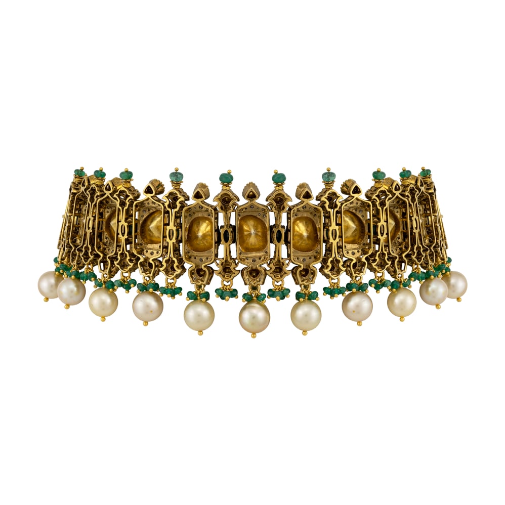 Antique Polki Choker with Emerald and Pearl Fringe